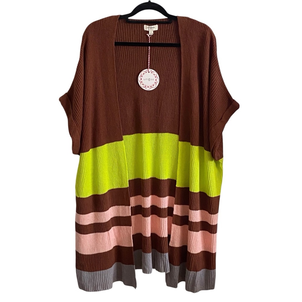 Umgee Colorblock Brown Green Pink Sweater Cardigan Kimono Womens Size Small NWT